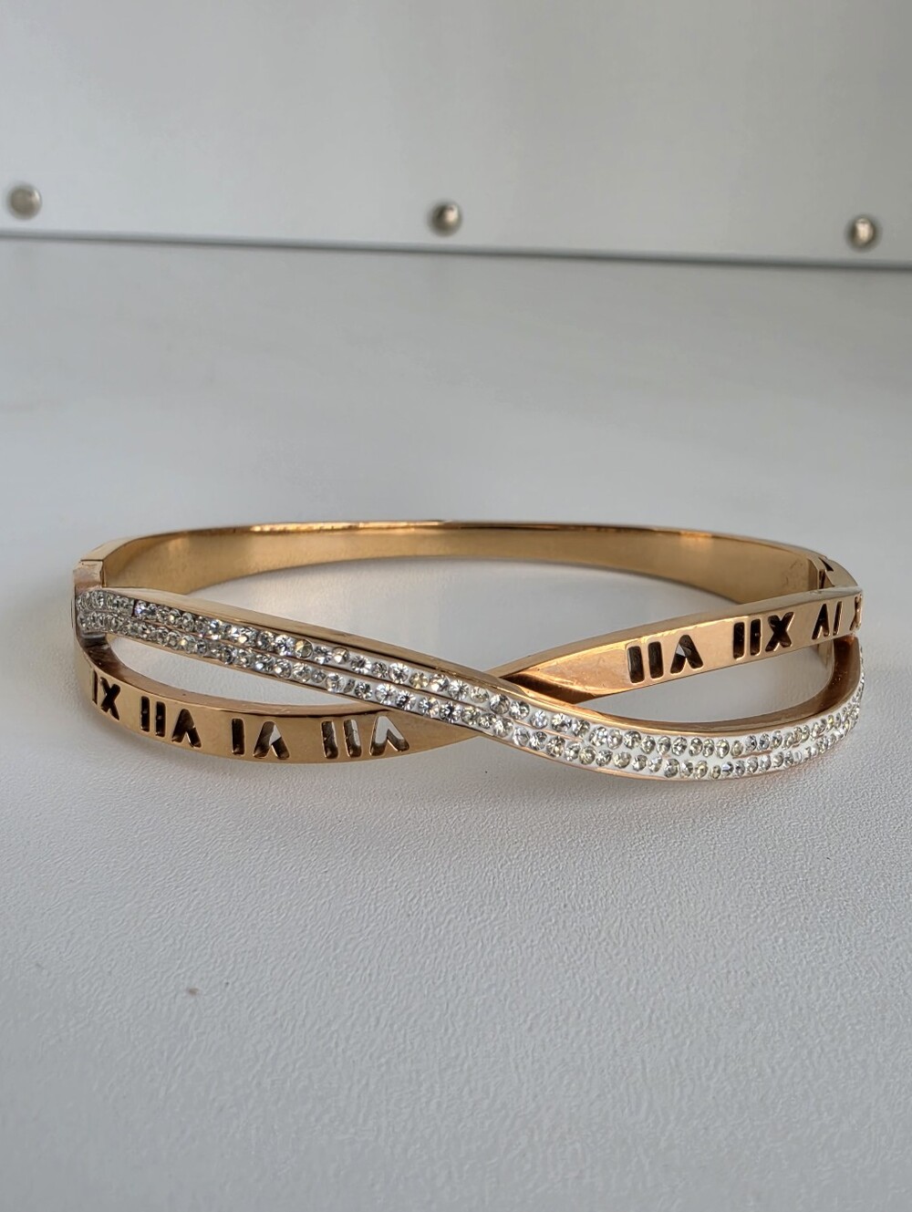 Rose Gold Plated Rhinestone Roman Numeral Crossover Bangle Bracelet